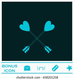 Arrow with heart icon flat. Blue pictogram on dark background. Vector illustration symbol and bonus icons