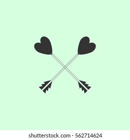 Arrow with heart icon flat. Grey vector symbol on green background