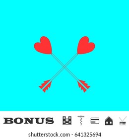 Arrow with heart icon flat. Red pictogram on blue background. Vector illustration symbol and bonus buttons Music center, corkscrew, credit card, house, drum