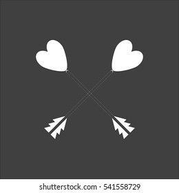 Arrow with heart icon flat. Vector white illustration isolated on black background. Flat symbol