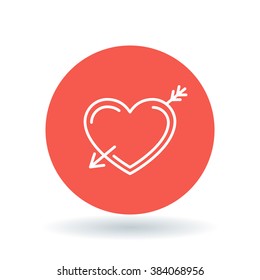 Arrow heart icon. Pierced heart sign. Fall in love symbol. White heart with arrow icon on red circle background. Vector illustration.