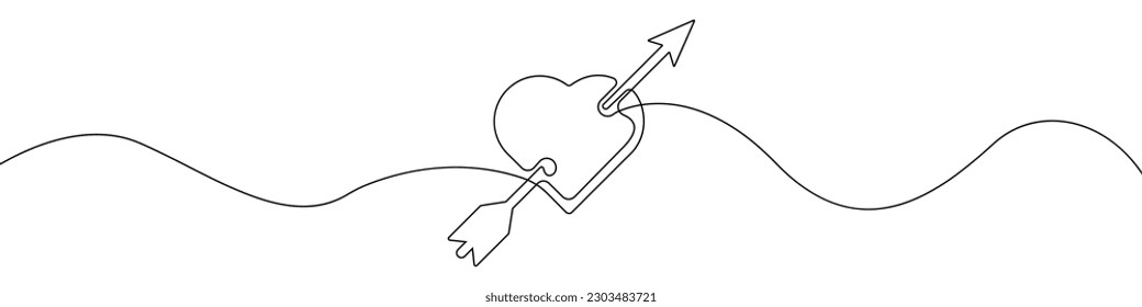 Una flecha en el vector de dibujo continuo de la línea cardíaca. Una línea Una flecha en el fondo del vector del corazón. Una flecha en el icono del corazón. contínuo contorno de una flecha en el corazón. Diseño lineal de flechas