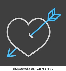 Arrow heart on dark background icon. Love sign. Valentines day symbol. Vector illustration, romance elements. Sticker, patch, badge, card for marriage, wedding