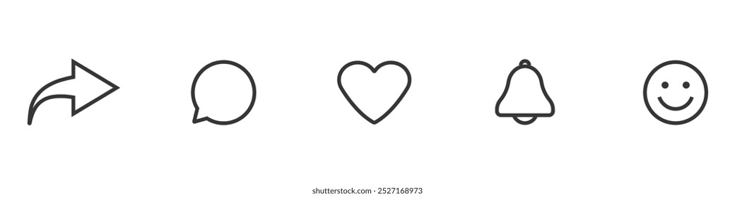 Arrow, heart shape, bell, comment, smile icons on white background. Social media icons. Vector illustration