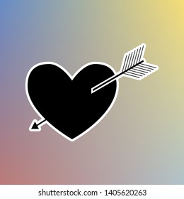 Arrow heart sign. Black icon in white shell at pastel color background. Illustration.