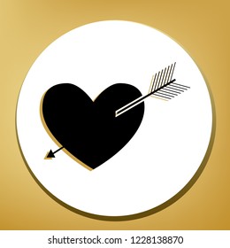 Arrow heart sign. Vector. Black icon with light brown shadow in white circle with shaped ring at golden background.