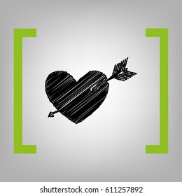 Arrow heart sign. Vector. Black scribble icon in citron brackets on grayish background.