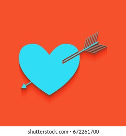 Arrow heart sign. Vector. Blue icon with soft shadow putted down on flamingo background.