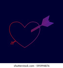 Arrow heart sign. Vector. Line icon with gradient from red to violet colors on dark blue background.