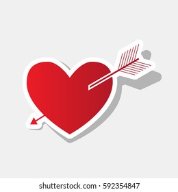Arrow heart sign. Vector. New year reddish icon with outside stroke and gray shadow on light gray background.