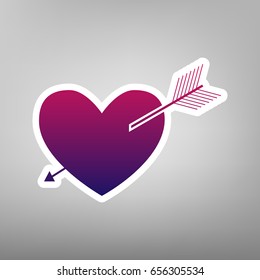 Arrow heart sign. Vector. Purple gradient icon on white paper at gray background.