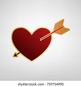 Arrow heart sign. Vector. Red icon on gold sticker at light gray background.