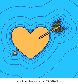 Arrow heart sign. Vector. Sand color icon with black contour and equidistant blue contours like field at sky blue background. Like waves on map - island in ocean or sea.