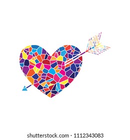 Arrow heart sign. Vector. Stained glass icon on white background. Colorful polygons. Isolated.