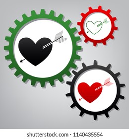 Arrow heart sign. Vector. Three connected gears with icons at grayish background.