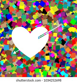Arrow heart sign. Vector. White icon on colorful background with seamless pattern from squares.