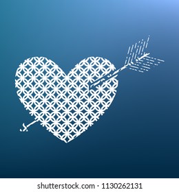 Arrow heart sign. Vector. White textured icon at lapis lazuli gradient background.