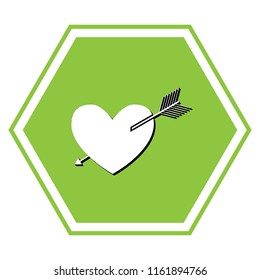 Arrow heart sign. Vector. White icon with black shadow at yellow green honeycomb on white background.