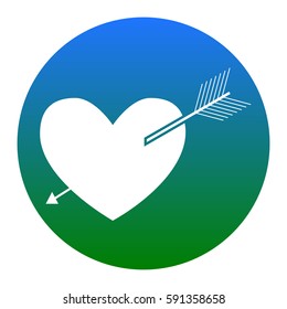 Arrow heart sign. Vector. White icon in bluish circle on white background. Isolated.