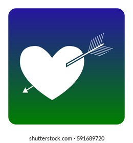 Arrow heart sign. Vector. White icon at green-blue gradient square with rounded corners on white background. Isolated.
