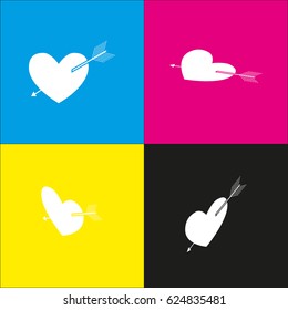 Arrow heart sign. Vector. White icon with isometric projections on cyan, magenta, yellow and black backgrounds.