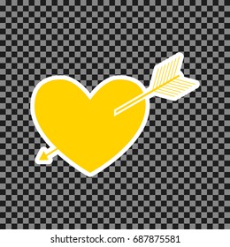 Arrow heart sign. Vector. Yellow icon with white contour on dark transparent background.