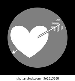 Arrow heart sign. White icon in gray circle at black background. Circumscribed circle. Circumcircle.