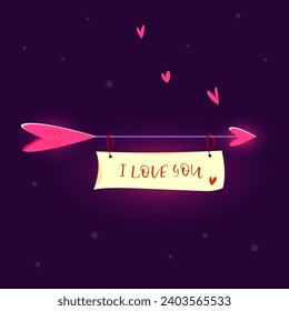  Arrow with a heart. Text I love you. Postcard for Valentine's Day, declaration of love, wedding and more. Flat cartoon style