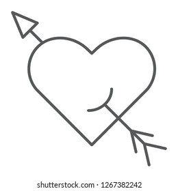 Arrow and heart thin line icon, romance and love, pierced heart sign, vector graphics, a linear pattern on a white background, eps 10.