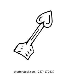 Flecha con corazón. Contacto vectorial blanco y negro dibujado a mano. Objeto aislado sobre un fondo blanco. Diseño, plantilla, clipart, logotipo, icono, esbozo.
