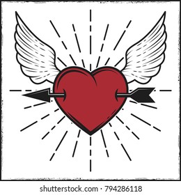 Arrow in heart and wings colored print with rays. Vector illustration in vintage style. Tatoo template. Valentines day greeting card template.