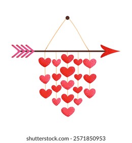 Arrow with hearts love symbol for hanging wall decor. Valentines day sticker, card, web. Hand drawn vector illustration.