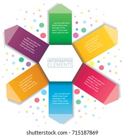 Arrow and hexagon infographic. Vector template with 6 options. Can be used for web, diagram, graph, presentation, chart, report, step by step infographics. Abstract background.