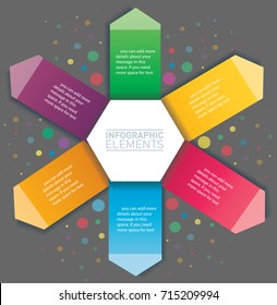 Arrow and hexagon infographic. Vector template with 6 options. Can be used for web, diagram, graph, presentation, chart, report, step by step infographics. Abstract background.