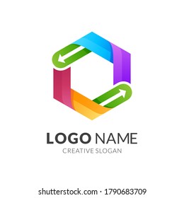 plantilla de logotipo de flecha y hexágono, estilo de logotipo 3d moderno en colores vivos degradados