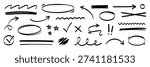Arrow, highlight marker stroke set. Marker pen line hand drawn brush stroke sketch circle, underline, arrow. Doodle check, cross, highlight scribble round icon sign texture. Vector illustration