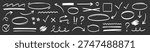 Arrow, highlight marker stroke set. Marker pen line hand drawn brush stroke sketch circle, underline, arrow. Doodle check, cross, highlight scribble round icon on chalkboard. Vector illustration