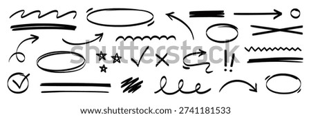 Arrow, highlight marker stroke set. Marker pen line hand drawn brush stroke sketch circle, underline, arrow. Doodle check, cross, highlight scribble round icon sign texture. Vector illustration