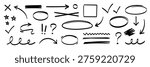 Arrow, highlight, oval marker pen set. Arrow line marker hand drawn pencil stroke sketch circle underline. Doodle check cross curve oval round icon sign texture rough. Vector illustration