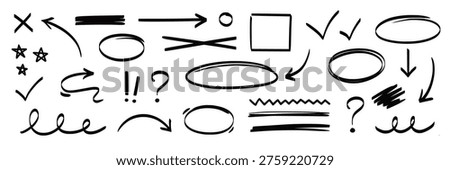 Arrow, highlight, oval marker pen set. Arrow line marker hand drawn pencil stroke sketch circle underline. Doodle check cross curve oval round icon sign texture rough. Vector illustration