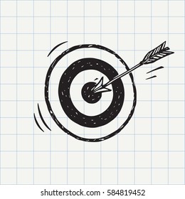 Arrow Hit In Archery Target (goal Symbol) Icon Sketch In Vector. Accuracy Concept. Hand Drawn Doodle Sign