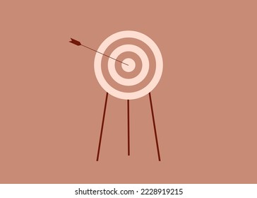 Arrow hit the center of the target. Achieving the goal on the first try. Concept of accuracy business strategy and victory. Vector illustration