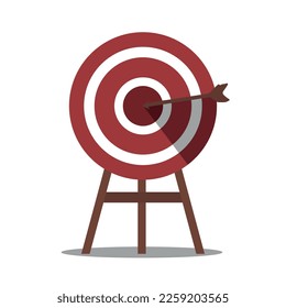 Arrow hit the center of the target. Achieving the goal on the first try. Concept of accuracy business strategy and victory. Vector illustration.