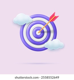 Arrow hit the center of the target in the clouds. Concept of achieving the goal, financial goal of business or success goal. Vector 3d illustration in cartoon style.