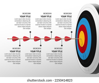 Arrow hit to dartboard with infographic. target step timeline left to right. Business data chart, investment goal, marketing challenge, strategy presentation, achievement diagram. vector template.