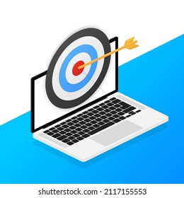 Arrow hit goal ring in archery target on laptop screen. Vector illustration