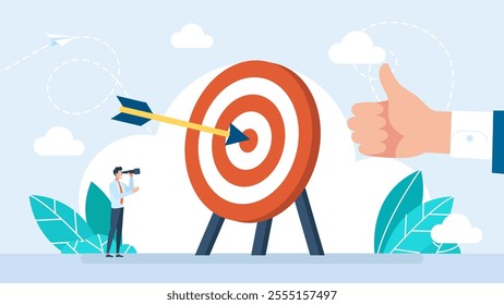 Arrow hit on center of target, the success business target. Strategic planning, plan to overcome difficulty or obstacle to reach goal or target, business success concept. Vector illustration