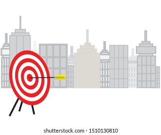 Arrow hit on target center's dartboard with skyscraper buildings background. Vector Illustration. Idea for marketing and business management,