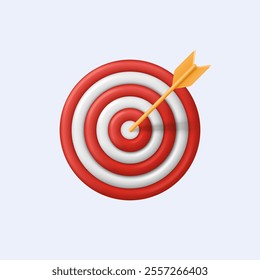 Arrow hit the target center. Concept of success of achieving a goal in business or finance. Cartoon minimalistic 3d style. Vector illustration.