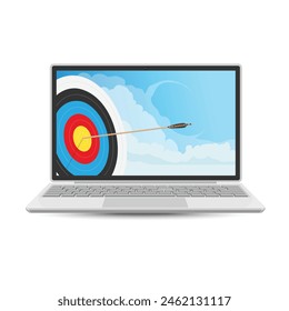 Arrow hit the target in the center on laptop screen display. Vector illustration